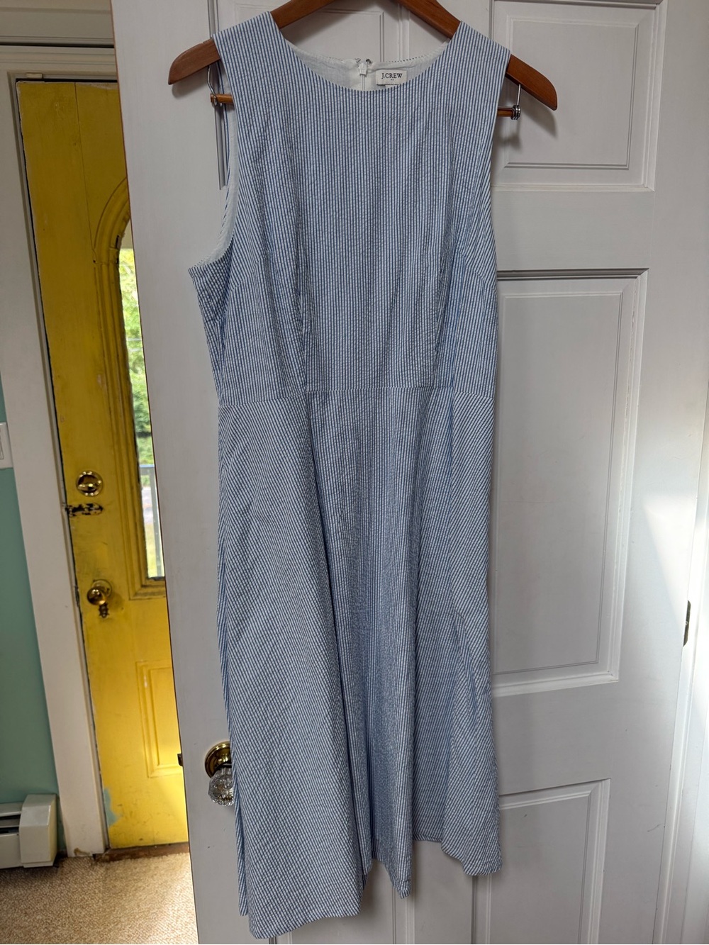 J. Crew Light Blue and White seersucker Striped Asymmetrical Dress